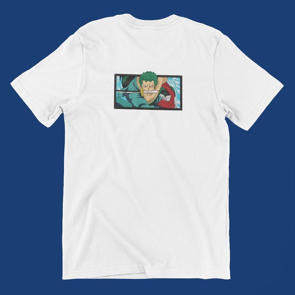 New- White&black Embroidered Roronoa Zoro "Pirate Hunter" anime box T-shirt